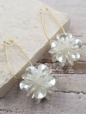 Delicate White Floral Drop Earrings with Gold Hoops